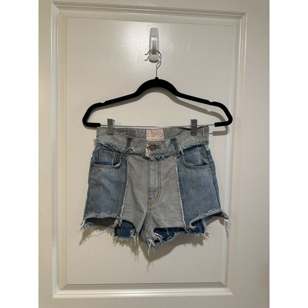 REVICE Denim Shorts Ziggy Patchwork Two Toned High Waisted Raw Hem Sz 27